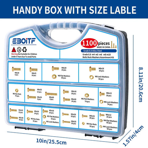 Beefy Heavy Duty Metric Bolts And Nuts Kit With Washers Grade 8.8 Alloy Steel Includes M4 M5 M6 M8 M10 Bolts And Nuts 1100 Piece