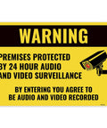 Top Shelf Video Audio Surveillance Warning Sign, Rock Solid 60 Mil Aluminum Security Notice for homes and stores displayed outdoors.