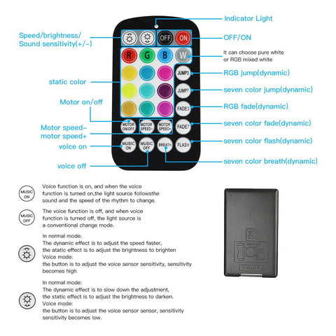 Remote control for Twinkle And Sound Activated Fiber Optic Star Ceiling Kit showing buttons for RGBW effects and settings.
