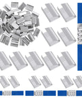 Open Snap-On 5 by 8 Inch Metal Buckle Seals Pack for Strapping and Pallet Banding, 100 Pcs Serrated Steel Clips shown in detail