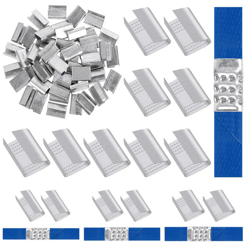 Open Snap-On 5 by 8 Inch Metal Buckle Seals Pack for Strapping and Pallet Banding, 100 Pcs Serrated Steel Clips shown in detail
