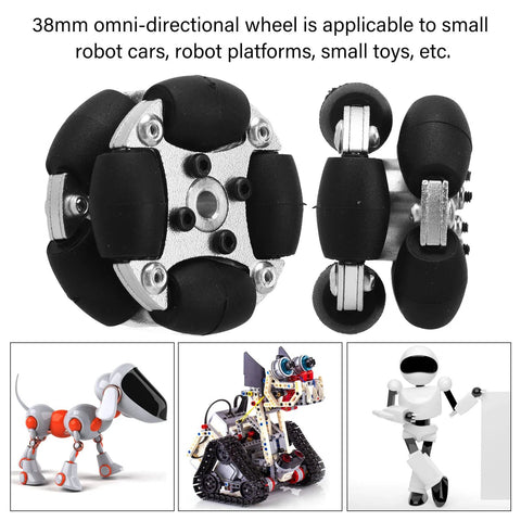 Front view of a 38mm omni-directional wheel with a metal hub and six black rubber rollers