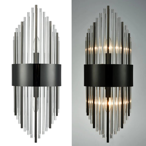 Two Light Modern Titanium Black Crystal Wall Sconces Set Of Two With Clear Glass Rods For Bath Hallway And Bedroom Lighting