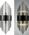 Modern Two Light Crystal Wall Sconces Set Of Two In Black Glass Luxury Bathroom Wall Fixtures Stylish Crystal Sconces For Bedroom Hallway Entryway Decor And Ambient Lighting showing black metal frame and clear rods illuminated