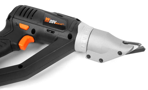Cordless Metal Shear Workhorse With Variable Speed From 0 To 2500 SPM, 20V Max Battery, swiveling 360 degree head detail.