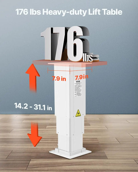 VEVOR Electric Lifting Column System, 176 Lbs Lift Table with height range markings from 14.2 to 31.1 inches on a wood floor.