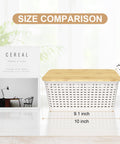 Six Pack Stackable Plastic Storage Bins With Lids And Bamboo Lid next to magazine for size comparison