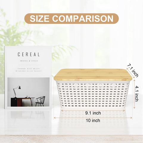 Six Pack Stackable Plastic Storage Bins With Lids And Bamboo Lid next to magazine for size comparison