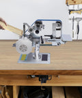 Powerful 550W Brushless Belt Sander With Digital Speed Display And Variable Control on workbench, polishing wood piece.