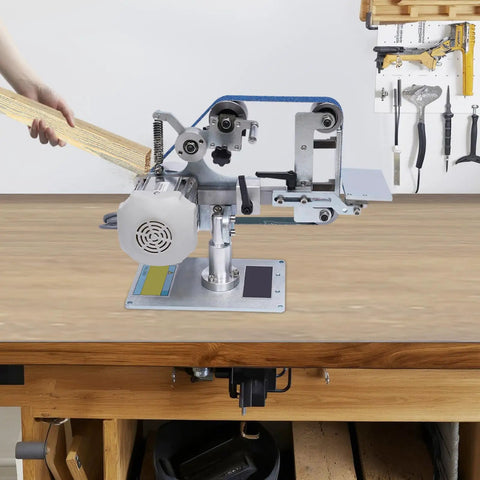 Powerful 550W Brushless Belt Sander With Digital Speed Display And Variable Control on workbench, polishing wood piece.