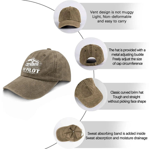Funny RV Pilot Hat For Women Saying Enjoy The Journeys Camper Road Trip Vacation Cap With Adjustable Strap shown from multiple angles.