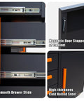 Heavy Duty Garage Cabinet Workbench With Solid Wood Top, Rock Solid Steel Tool Station Built Like A Tank For Hand Tools And Hardware, Drawer slides and magnetic door stoppers.