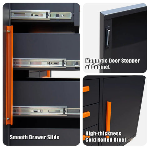 Heavy Duty Garage Cabinet Workbench With Solid Wood Top, Rock Solid Steel Tool Station Built Like A Tank For Hand Tools And Hardware, Drawer slides and magnetic door stoppers.