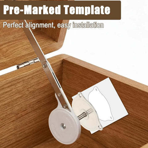 Soft Close Toy Box Hinges Set With Lid Support for Wooden Toy Chests, showing installation with pre-marked template and hinge in chest