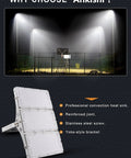 20 Pack Heavy Duty 300W Led Flood Lights Outdoor, Super Bright 30000Lm 6500K Daylight White Security Fixtures on a basketball court.