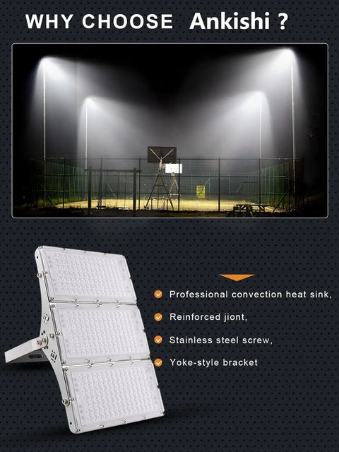 20 Pack Heavy Duty 300W Led Flood Lights Outdoor, Super Bright 30000Lm 6500K Daylight White Security Fixtures on a basketball court.