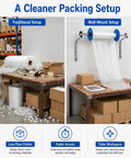 Kickass Wall Mount Bubble Wrap Dispenser With Hella Durable Foldable Steel Frame Adjusts 30 To 150Cm Rolls shown in a warehouse setup.