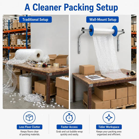 Kickass Wall Mount Bubble Wrap Dispenser With Hella Durable Foldable Steel Frame Adjusts 30 To 150Cm Rolls shown in a warehouse setup.