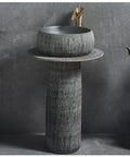 Heavy Duty Ceramic Vessel Sink And Pedestal Basin Combo Handcrafted With Faucet Drain Cutouts For Indoor Outdoor with smooth finish.
