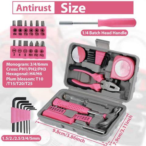 Pink Mini Tool Kit For Women, 48-Piece Multi-Purpose Home Hand Tool Set With Case, open view showing tools inside.