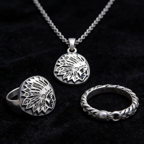 Necklace and ring engraved with a Native American head, Heavy Duty Steel Native American Stamping Kit For Personalizing Keychains And Jewelry Do It Yourself Craft Tools 5mm Easy Hammer Stamp For Crisp Impressions And Fast DIY Projects.