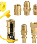 RV Propane Quick Connect Kit For Low Pressure Gas Appliances Grills Heaters And Fire Pits Easy Hookup With One Quarter Inch NPT Full Flow Plug Three Eighths Inch Flare Adapter Seven Piece Set With Shutoff Valve with brass components and yellow tape.