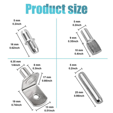 Upgraded 4 Styles Shelf Pins Kit With 5mm And 1/4 Inch Nickel Shelf Support Pegs For Cabinets And Bookshelves size chart