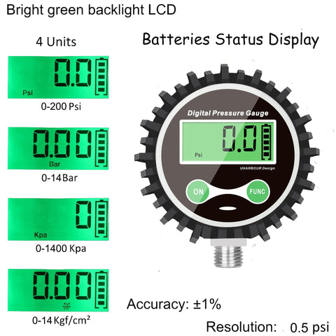 Front view: Uharbour digital tire pressure gauge with rubber protector and 1/4'' NPT bottom connector; green backlit LCD.