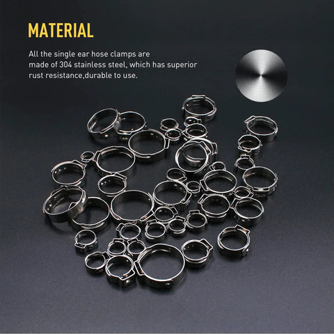 Stainless steel single-ear hose clamps set, assorted sizes 6–23.5 mm, 150-piece kit