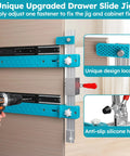 Heavy Workhorse Drawer Slide Jig With Toggle Clamp And Magnetic Arm For Slick Cabinet Alignment Quick Setup Woodworking Guide, close up of blue jig with unique design locator on cabinet.