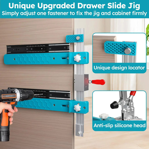 Heavy Workhorse Drawer Slide Jig With Toggle Clamp And Magnetic Arm For Slick Cabinet Alignment Quick Setup Woodworking Guide, close up of blue jig with unique design locator on cabinet.