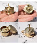 Top Shelf Vintage Brass Mini Tape Measure With Retractable Sewing Ruler That Is Totally Built Tough For All Tailor Jobs Featuring One Meter Gauges You Gonna Adore Using On Every Next Crafting Project Today Right Now, displayed in hand and open case.