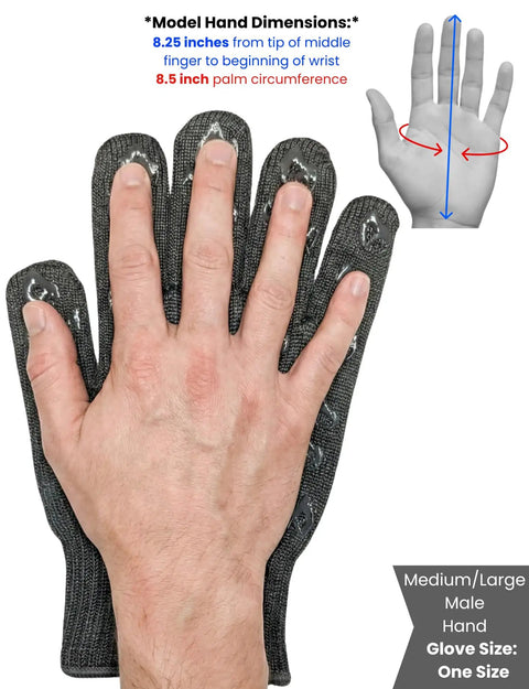 A black 932F Extreme Heat Resistant Oven Glove With Fingers for Grilling and Cooking, shown in a man's hand, cut resistant.