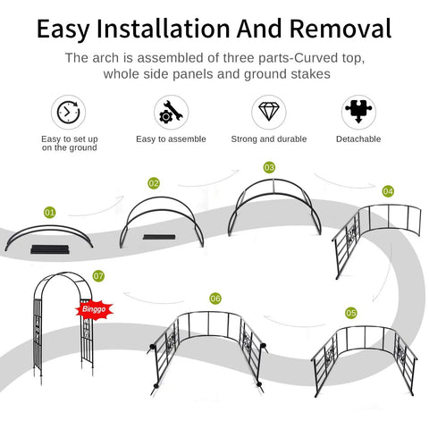 Durable Curved Metal Garden Arbor Trellis For Outdoor Use, assembly steps of iron plant supports for climbing vines and ceremonies.