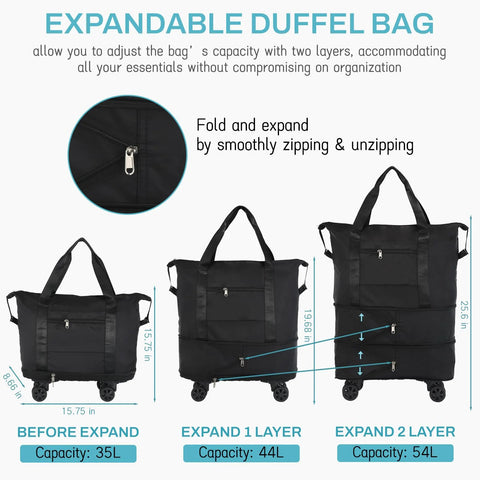 VOOWO black rolling duffel bag with wheels, expandable luggage shown in 3 stages (35L, 44L, 54L) for travel