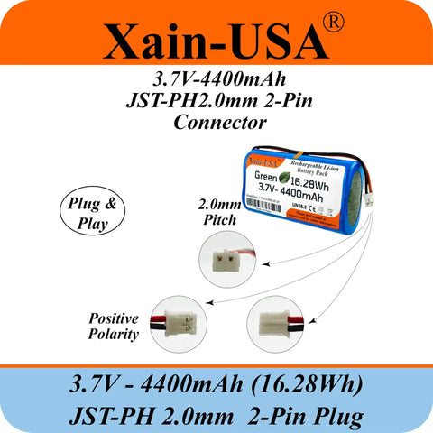 One Pack 3.7V 4400mAh Li Ion Battery Pack With JST PH 2 Pin Connector For Electronics LED Lights Toys GPS And Meshtastic Solar Nodes Built In Safety BMS For Overcharge Over Discharge Protection Please Check Polarity Before Purchase.