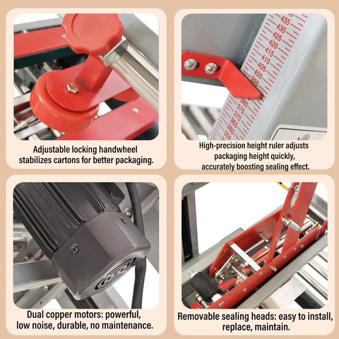 No Fuss Heavy Duty Automatic Tape Carton Sealing Machine adjustable handwheel and height ruler for precise packaging.