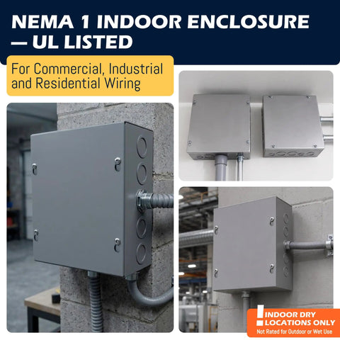 Rock Solid Carbon Steel Junction Box 6 X 6 X 4 Inches With Screw Cover Wall Mount Electrical Enclosure mounted in a concrete wall.