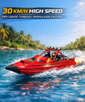 Red Jet Propulsion RC Speed Boat Hits 30 Kph with Twin 1500mAh Batteries on blue water, surrounded by trees