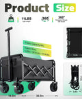 Collapsible Wagon Cart With Wheels Foldable Heavy Duty Folding Cart Utility Lightweight Portable Wagon for groceries, camping, beach use. Front view with dimensions and 360-degree swivel brakes.