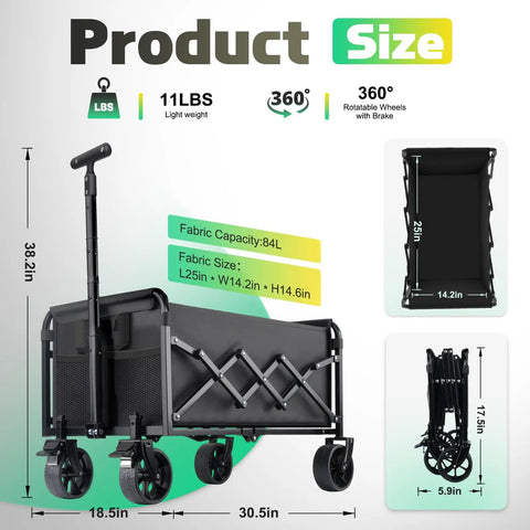 Collapsible Wagon Cart With Wheels Foldable Heavy Duty Folding Cart Utility Lightweight Portable Wagon for groceries, camping, beach use. Front view with dimensions and 360-degree swivel brakes.