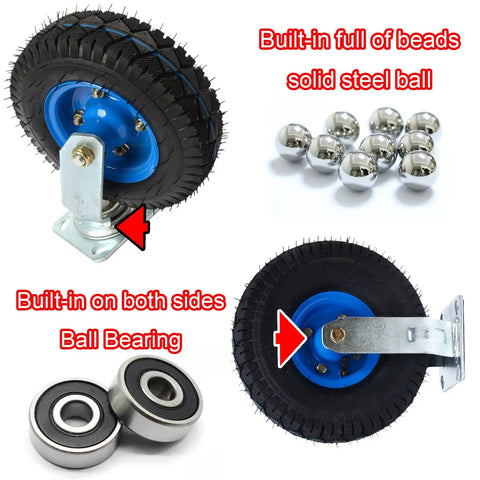 Heavy Duty Pneumatic Swivel Casters With Inflatable Rubber Wheels 440 Lbs Load Capacity Galvanized Steel Brackets showing ball bearings and wheel details.