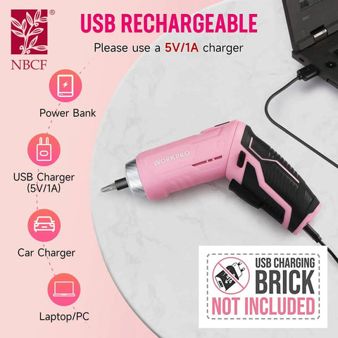 Pink 75-Piece Tool Set With Rotatable Cordless Screwdriver 3.7V charging via USB cable on white marble surface