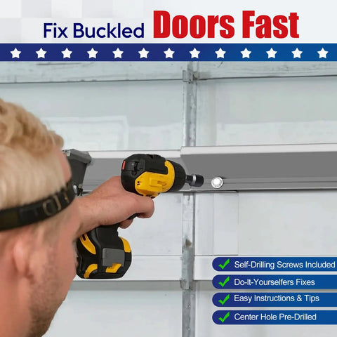 16 Foot Garage Door Reinforcement Kit Built Tough With Heavy Duty Steel Bracket System being installed with a drill