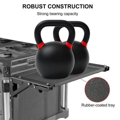 Magnetic Tool Tray Folding Work Platform for Modular Toolbox Systems with no drill installation, aluminum alloy, rubber coated surface