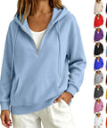 Womens Oversized Zip Up Hoodie Fleece Pullover Sky Blue With Quarter Zip And Stand Up Collar, front view with pocket detail