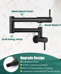 Heavy Duty Wall Mount Pot Filler Reaching 19 Inch Matte Black Kitchen Faucet With American Standard High Flow Design. Dual swing joints.