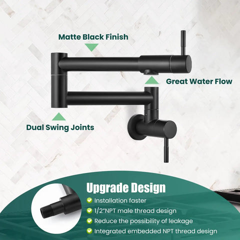 Heavy Duty Wall Mount Pot Filler Reaching 19 Inch Matte Black Kitchen Faucet With American Standard High Flow Design. Dual swing joints.
