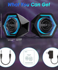 Powerful 50W Gaming Desktop Speakers With Infinity Mirror 3D Tunnel RGB Lighting 8 Modes Bluetooth Five Three AUX In Headphone Out Type C Input 3 EQ Modes AC Powered For PC Laptop And TV Room Filling, shown with accessories including cables and power adapter.