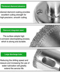 Close-up of thickened diamond abrasive, diamond integrated steel, and large discharge hole for Adjustable Diamond Hole Saw Kit With Hollow Drill Guide And Suction Cup Base High Precision Tile Opener Includes 15 Drill Bits For Glass Ceramic Marble Granite Double Suction Cup For Stable Clean Cuts Clamping Range 4 To 83 Mm